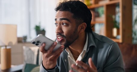 Phone call, recording and relax with man on sofa for communication, contact and discussion. Networking, connection and reminder with person and mobile in living room of home for conversation