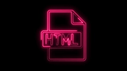 Glowing pink neon H T M L file icon animation on black background vibrant digital technology symbol for web