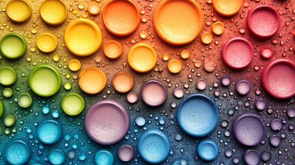 Wall Mural - Water droplets captured on a rainbow colored background creating a stunning visual effect