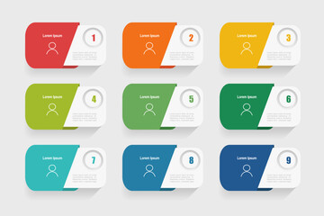 Wall Mural - For business concept with 9 steps infographics, rectangle shape with multicolor label, design for workflow layout, diagram, annual report, web design. vector illustration