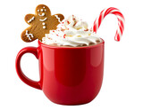 Festive holiday mug with red and white candy cane stripes and hot cocoa inside isolated on transparent background PNG