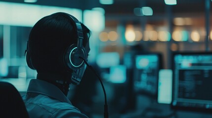 Night Shift Coder:  A lone programmer works late, illuminated by the glow of computer screens in a modern office, deeply immersed in their project.