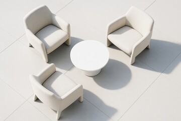 Wall Mural - minimalist indoor lounge setup with three modern beige armchairs and round white table on tiled floo