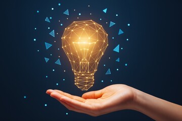 Wall Mural - glowing polygonal lightbulb above human hand with blue geometric particles on dark background symbol
