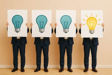 Wall Mural - businessmen holding light bulb posters symbolizing innovation and unique ideas on beige background i