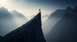© One - Silhouette of a triumphant figure atop a mountain peak amidst a misty landscape