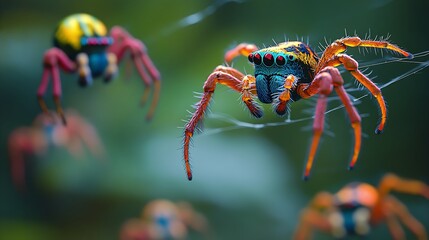 Vibrant jumping spiders weaving intricate webs in lush tropical forest, a stunning macro wildlife scene