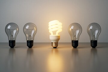 Wall Mural - glowing spiral light bulb standing out among traditional bulbs on smooth surface with soft backgroun