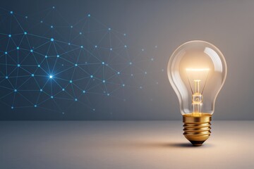 Wall Mural - glowing light bulb on surface with abstract connected network dots on gradient background, symbolizi