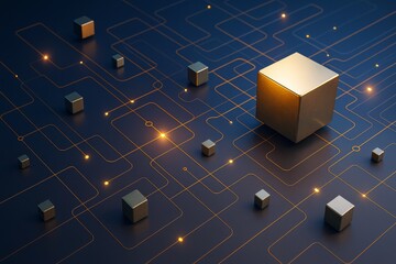 Wall Mural - abstract digital background with glowing circuit lines and metallic cubes on dark surface illustrati