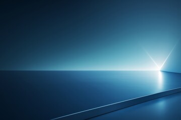 Wall Mural - minimalist futuristic blue background with glowing light on horizon and reflective surface for creat