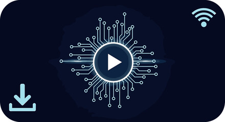 Digital Connectivity: A digital rendering that depicts a futuristic tech concept with an integrated play button, wifi signal, and download symbol.