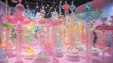 Colorful glass objects displayed