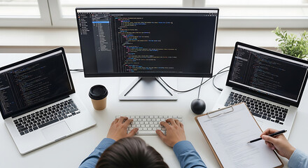 Programmer coding on multiple screens with laptops and computer monitor
