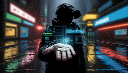 Hacker showing hologram data in futuristic rainy city
