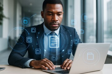 Wall Mural - businessman working on laptop with digital document icons floating around on futuristic technology i