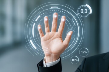 Wall Mural - futuristic biometric hand scan interface with glowing digital hud elements on a modern blurred backg