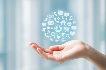 Wall Mural - human hand holding a digital sphere of technology icons on a soft blue blurred background, illustrat