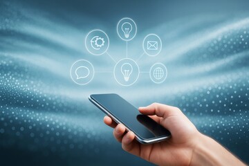 Wall Mural - hand holding smartphone with technology icons, abstract blue background with glowing light effects a