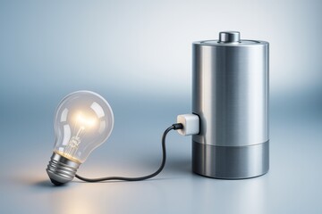 Wall Mural - metallic battery connected to glowing lightbulb symbolizing energy and innovation on smooth gradient