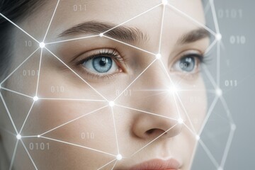 Wall Mural - close-up of woman's face with digital facial recognition grid and glowing nodes on light gray backgr