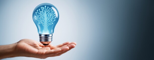 Wall Mural - futuristic glowing light bulb symbolizing digital innovation and technology held above a hand on a c