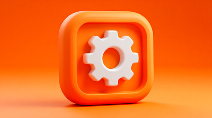 Settings icon illustration in orange square, gear symbol for web development