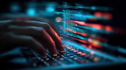 close-up of hands typing on a keyboard with glowing computer code on a digital screen in a dark envi