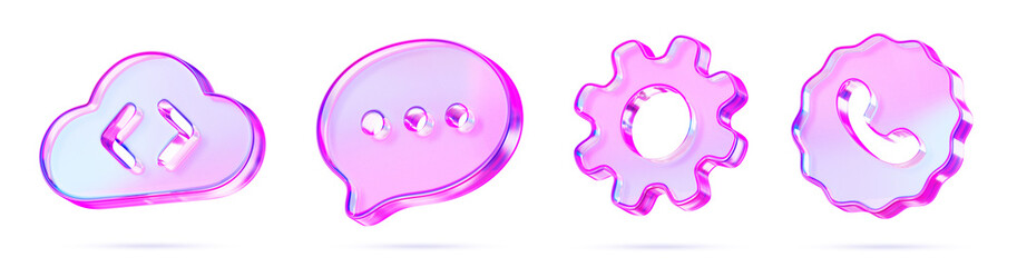 3d set of glass holographic ui icon for app or web design. Cloud programming code, settings gear, chat speech bubble, phone call. Business technology, communication, support service. 3D illustration