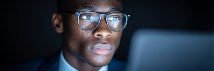 focused young african male gazes at glowing screen, symbolizing digital enlightenment and internatio