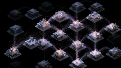 Wall Mural - complex network infrastructure connecting futuristic smart buildings exchanging data wirelessly, rep