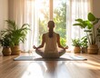 © Miftakul - Woman practicing morning yoga, finding inner balance with wellness, meditating at home in a sunlit room.
