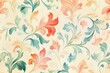 © Hikmah - Delicate floral pattern, pale cream background,  stylized leaves and blossoms in soft peach, coral, and teal tones