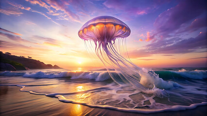 Wall Mural - Glowing Jellyfish Overlay Floating In The Air Above Soft Ocean Horizon
