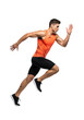 © Emil - Young muscular man in vibrant orange tank top and black shorts, mid-stride with powerful leg drive, dynamic arms, against a pristine transparent studio background, concept of athletic achievement and