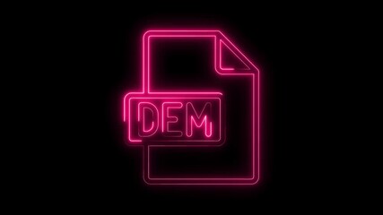 Glowing neon pink D E M file icon symbol isolated on black background futuristic technology design vibrant