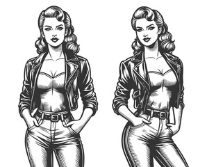 Wall Mural - two confident women in leather jackets and high-waisted jeans, standing with hands in pockets sketch