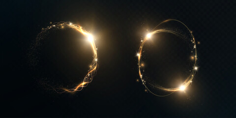 Wall Mural - Glowing bright golden ring with shimmering particles and bright trail. Vector effect of magic, energy and futuristic aura for fantasy themes, portals and digital interfaces.