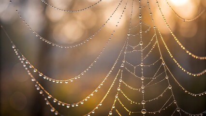 A macro shot of a spider web in morning dew, showcasing intricate water droplets and silk texture