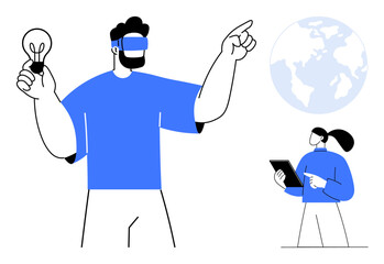 Wall Mural - man with vr headset holds lightbulb and points outward, woman with tablet observes global backdrop. 