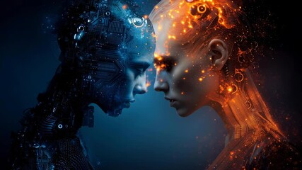 Wall Mural - a beautiful woman and an ai robot facing each other, concept of integration between humans and artif