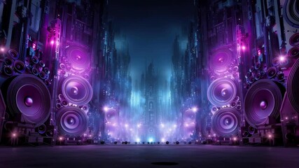 Wall Mural - giant speakers on a city street, blue and purple colors, cyberpunk style, urban and loud music conce