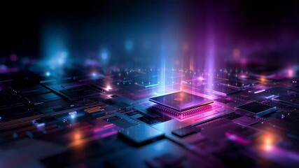 Wall Mural - a futuristic abstract technology background with neon lights and glowing circuit lines