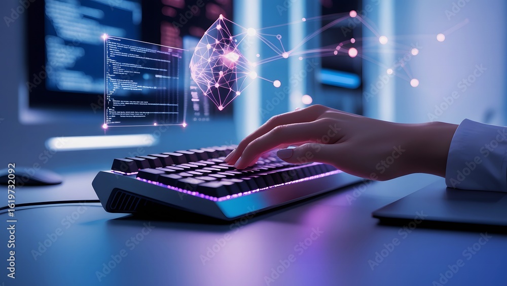 Female Coder Typing with Futuristic AI Holograms – Tech Workspace ...