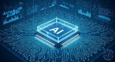Poster - futuristic ai technology microchip circuit board with data analytics and glowing ai symbol
