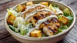 Caesar salad with grilled chicken croutons and creamy dressing in a ceramic bowl