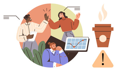 Wall Mural - diverse colleagues high-fiving, analyzing growth chart on tablet, coffee cup, and alert sign. ideal 