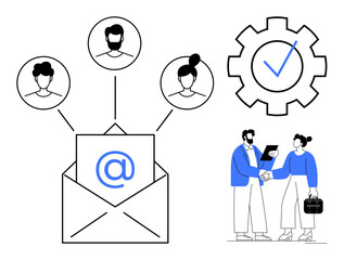 Wall Mural - envelope with email sign connected to user profiles, gear with checkmark for task completion, and tw