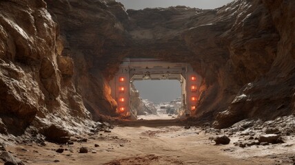 Wall Mural - robotic blockade at mars canyon pass with warning lights reflecting on rocks