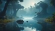 © MRifkal - Enchanted forest river with mystical morning fog and sunbeams creating a tranquil, fantasy landscape
